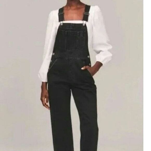Abercrombie & Fitch Black Denim Overalls Straight Leg Crop Utility Style 90's S - Picture 2 of 16